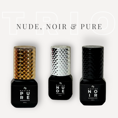 Noir (black), Nude (clear) and Pure (cyano-free) Lash Glue Trio