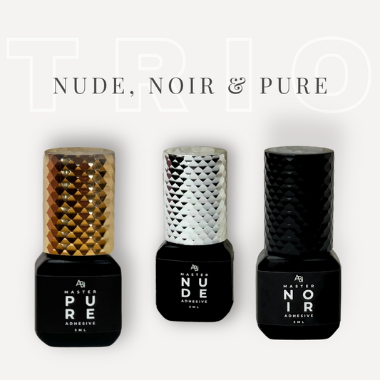 Noir (black), Nude (clear) and Pure (cyano-free) Lash Glue Trio